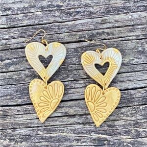Handcrafted Gold and Cream Heart Drop Earrings
